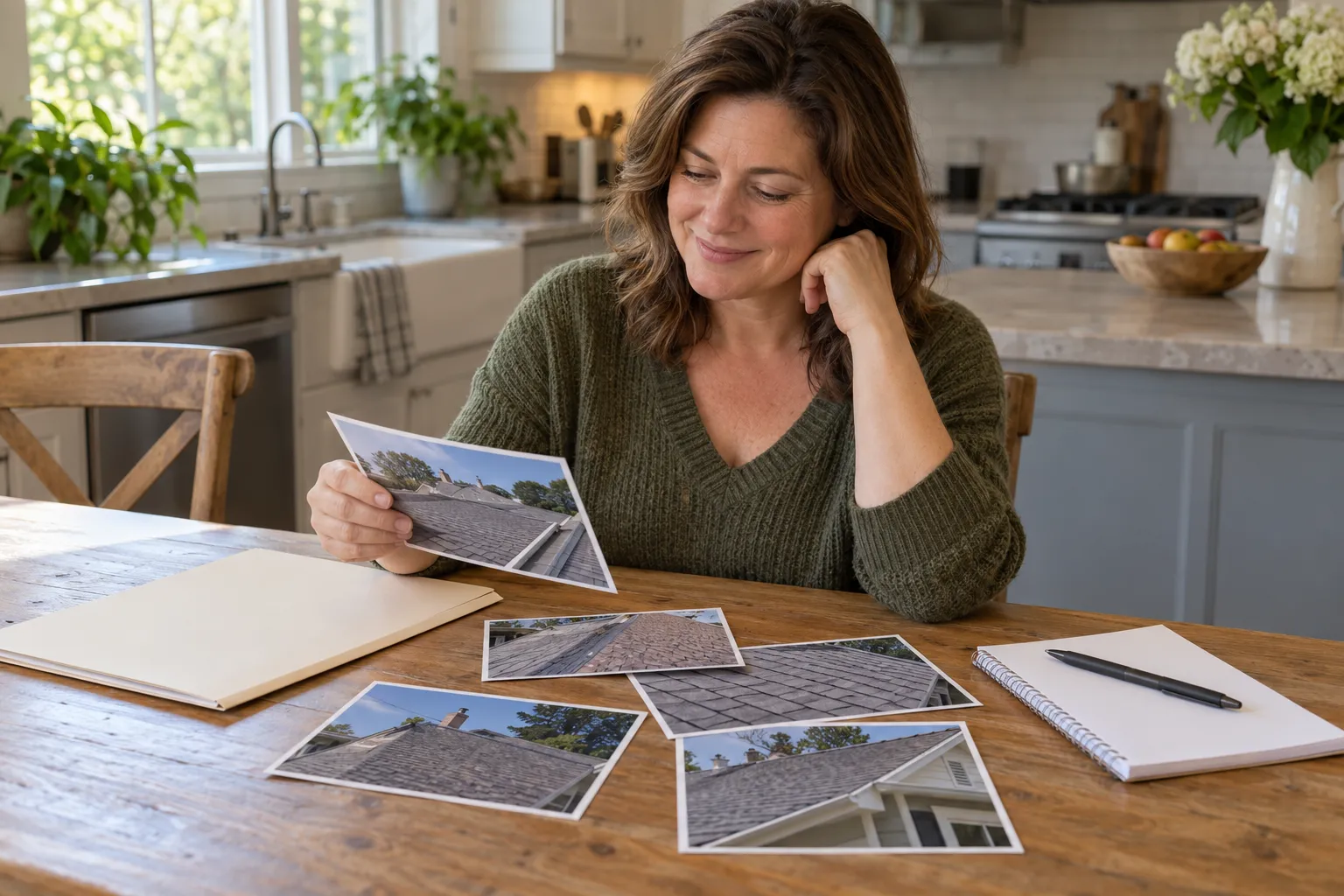 A homeowner reviewing roof photos and notes at a kitchen table
