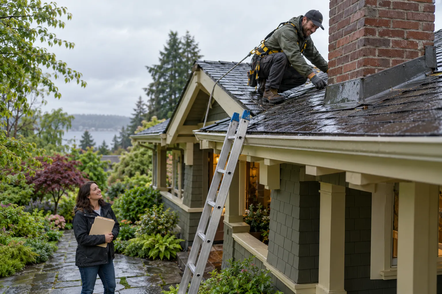 Friendly roofing provider checking shingles and flashing on a home in the Portland area after steady rain